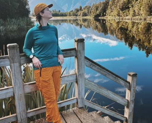 emma is wearing moisture wicking hiking clothes