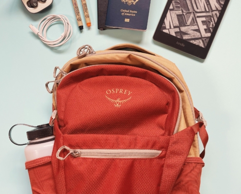 add this backpack and featured items to your carry on packing list for a long flight