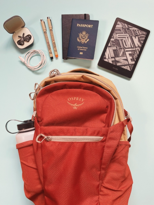 add this backpack and featured items to your carry on packing list for a long flight