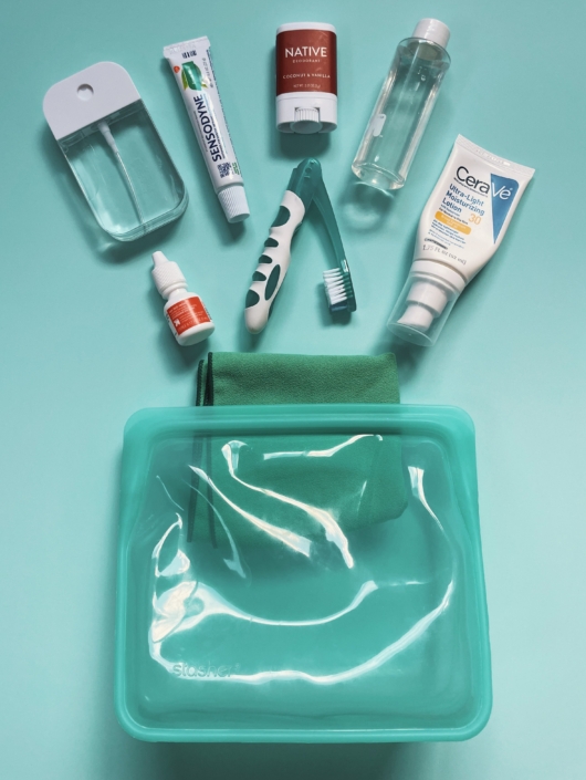 have a tsa compliant toiletry bag on your packing list for a long flight