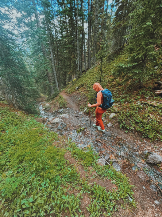 Hiking on a muddy forest trail using trekking poles for stability and balance, showing are trekking poles worth it on slippery terrain