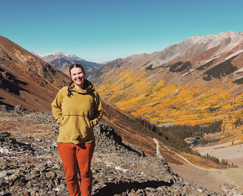 Hiking near Crystal Lake at the top of Ophir Pass Colorado overlooking the steep west side of the pass