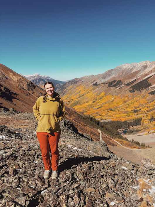 Hiking near Crystal Lake at the top of Ophir Pass Colorado overlooking the steep west side of the pass