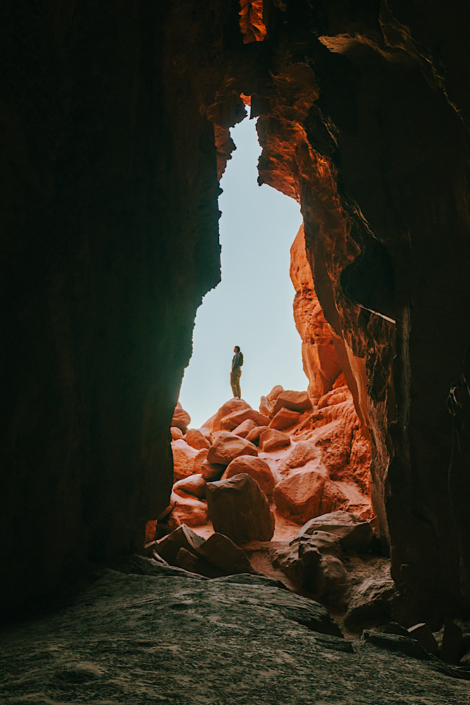 View from inside Goblette’s Lair looking out at rocks in Goblin Valley Utah