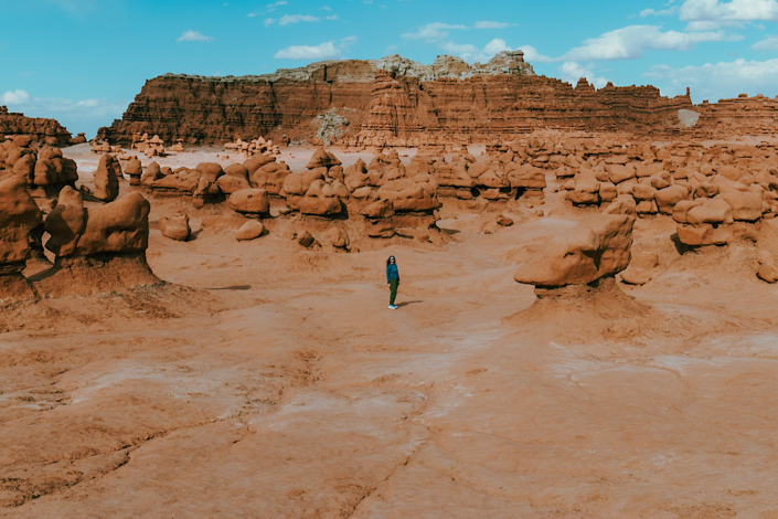 Hiking among toadstool formations in Goblin Valley State Park Utah