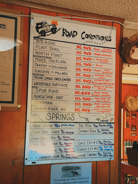 Road conditions sign at Hans Flat Ranger Station before entering the Maze Utah backcountry