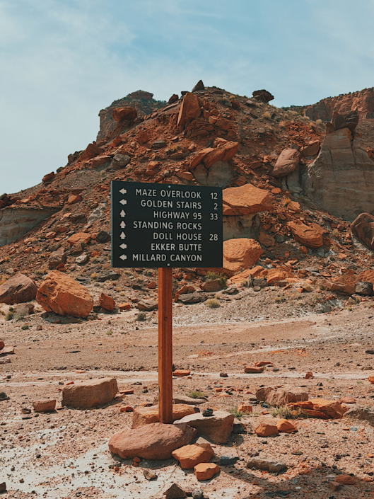 Directional road sign along the rugged backcountry route in the Maze District of Canyonlands