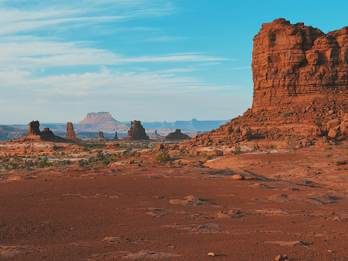 View of the Land of Standing Rocks in the Maze in Canyonlands with unique sandstone formations and remote desert scenery