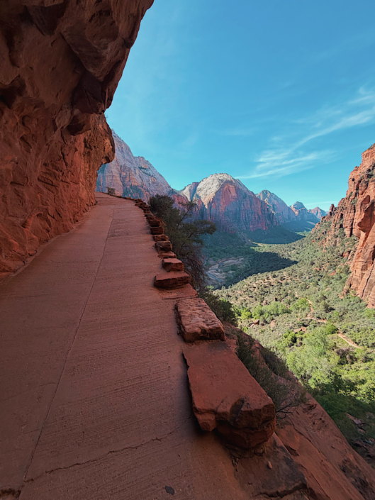 Steep paved section of the Angels Landing hike with expansive views over Zion Canyon