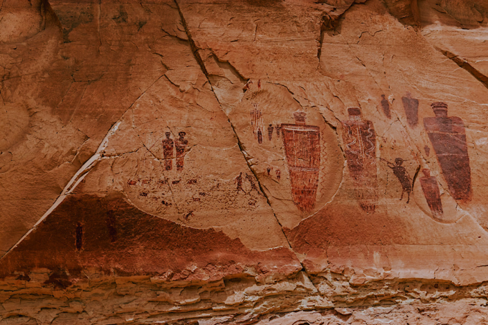 Detailed Barrier Canyon Style pictographs at the Great Gallery in Horseshoe Canyon