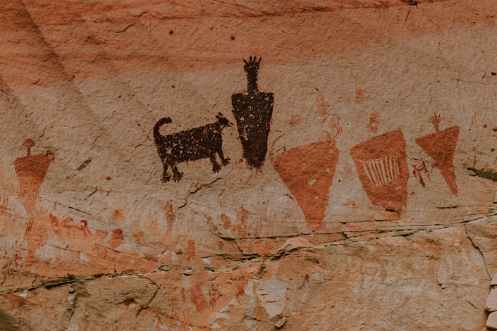 Human and dog pictographs at Horseshoe Shelter in Horseshoe Canyon Canyonlands National Park