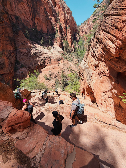 Top-down view of Walter’s Wiggles switchbacks on the Angels Landing hike with hikers ascending in Zion National Park