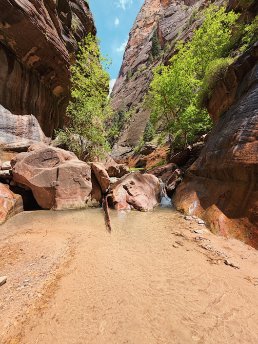 Small waterfall and clear pool with a sandy bottom in Orderville Canyon, a scenic side canyon connected to The Narrows hike in Zion National Park.