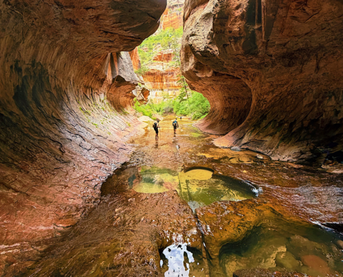 Tubular sandstone formation and water-filled potholes inside The Subway in Zion National Park