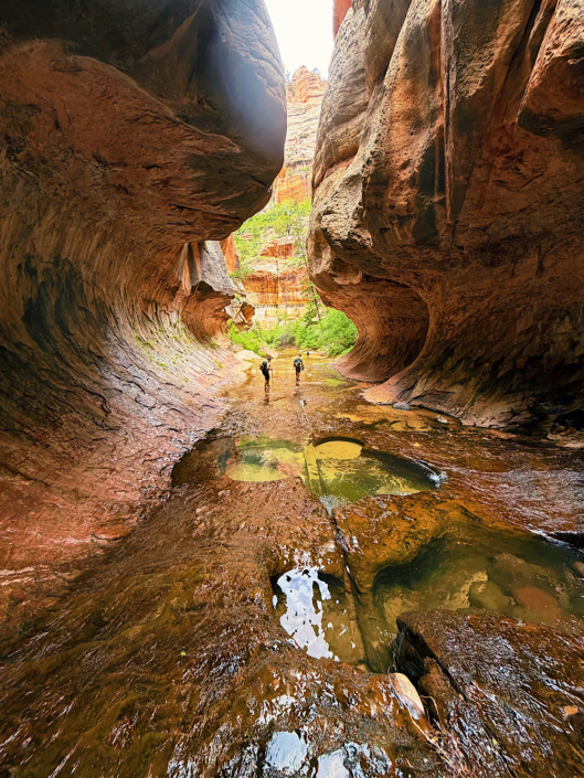Tubular sandstone formation and water-filled potholes inside The Subway in Zion National Park