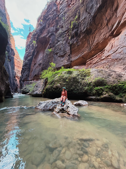 Hiker sitting on a rock in the Virgin River during The Narrows hike with ferns growing along the canyon walls in Zion National Park.