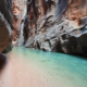 Blue water flowing through The Narrows hike in Zion National Park with towering sandstone slot canyon walls rising above the river.