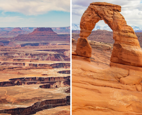 split between arches national park vs canyonlands showing the delicate arch and green river overlook