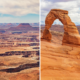 split between arches national park vs canyonlands showing the delicate arch and green river overlook