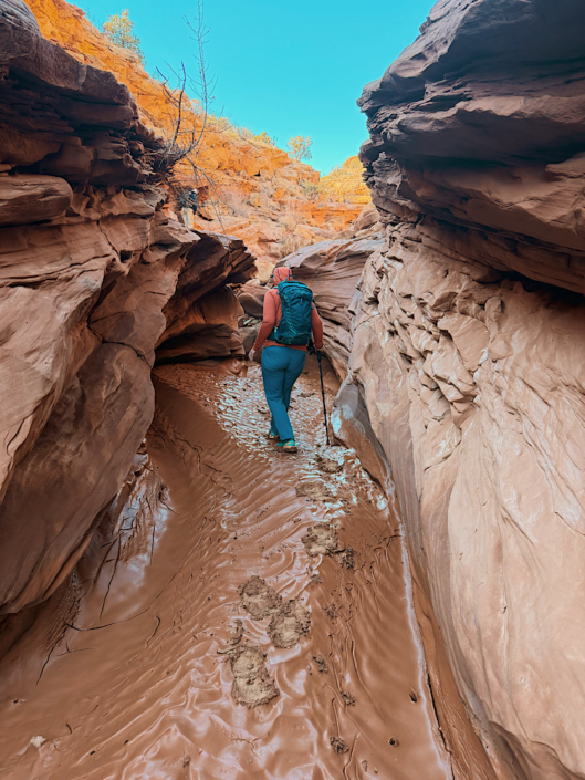Hiker walking through a muddy slot canyon in Capitol Reef National Park