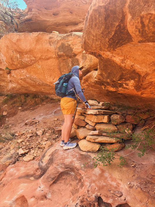 Hiking in the Maze District of Canyonlands wearing Patagonia Multi Trail Shorts