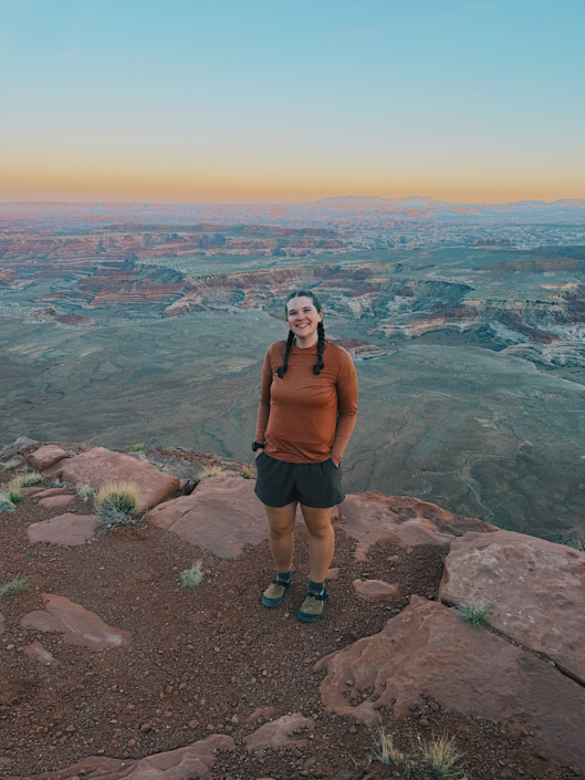 Hiking at Panorama Point in the Maze District of Canyonlands wearing Vuori Villa Shorts