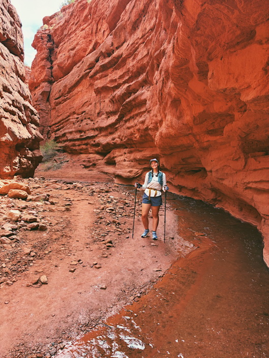 Hiking Mary Jane Slot Canyon in Professor Creek near Moab wearing Patagonia Terrebonne Shorts