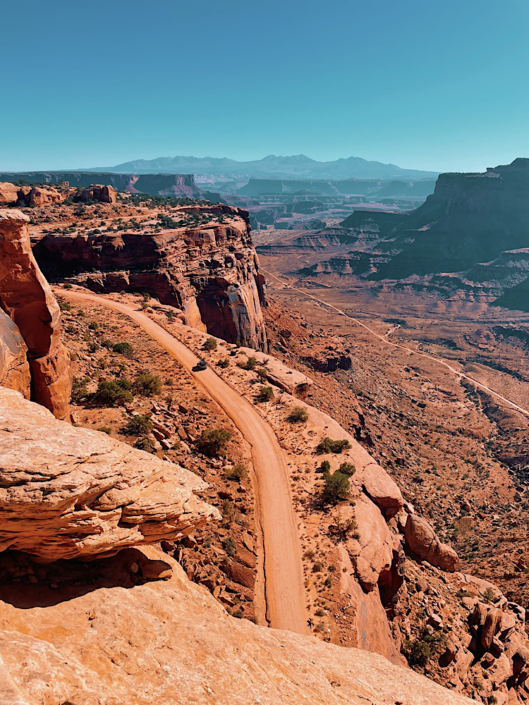 Shafer Switchbacks with the La Sal Mountains in the background at Canyonlands National Park