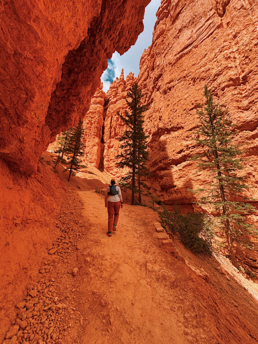 Hiking among the towering hoodoos at the bottom of the Navajo Loop Trail in Bryce Canyon National Park during a Zion vs Bryce National Park adventure.
