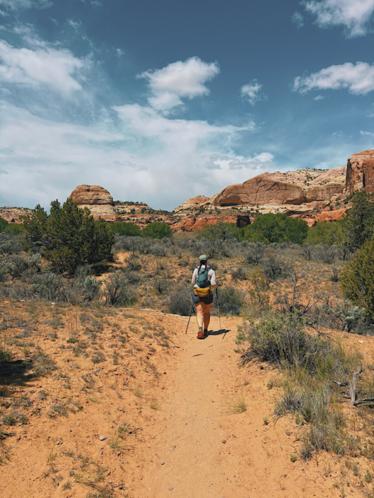 Hiker on an exposed desert trail surrounded by sandstone and desert vegetation