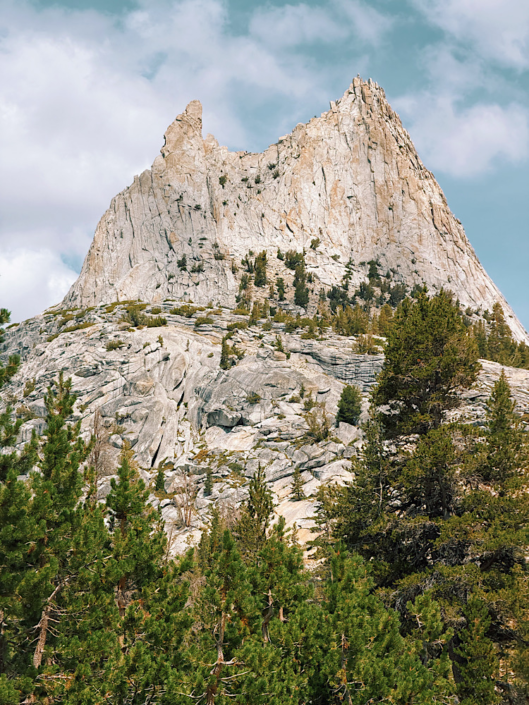 Jagged granite summit of Cathedral Peak rising above pine trees and rocky slopes in Yosemite's high country.