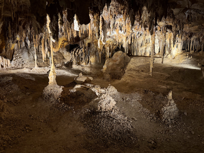 Illuminated cave formations seen on a Lehman Caves tour in Great Basin National Park