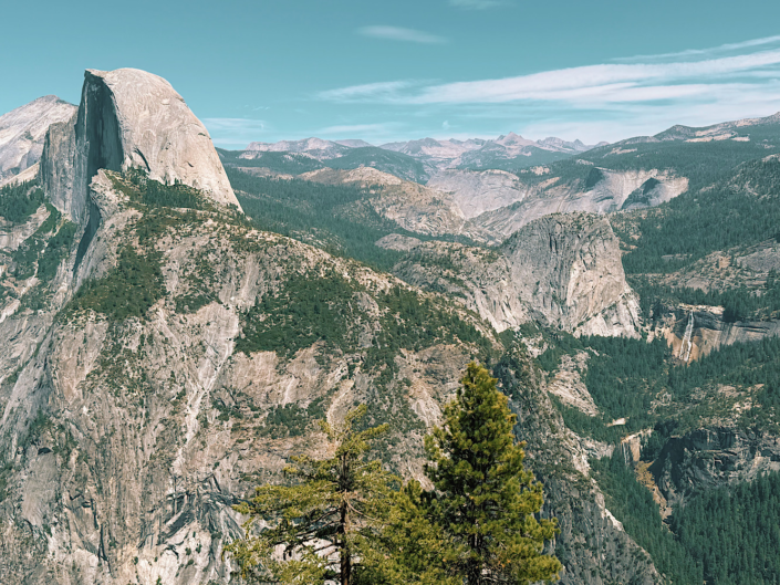 Half Dome with Vernal and Nevada Falls visible from Glacier Point in Yosemite